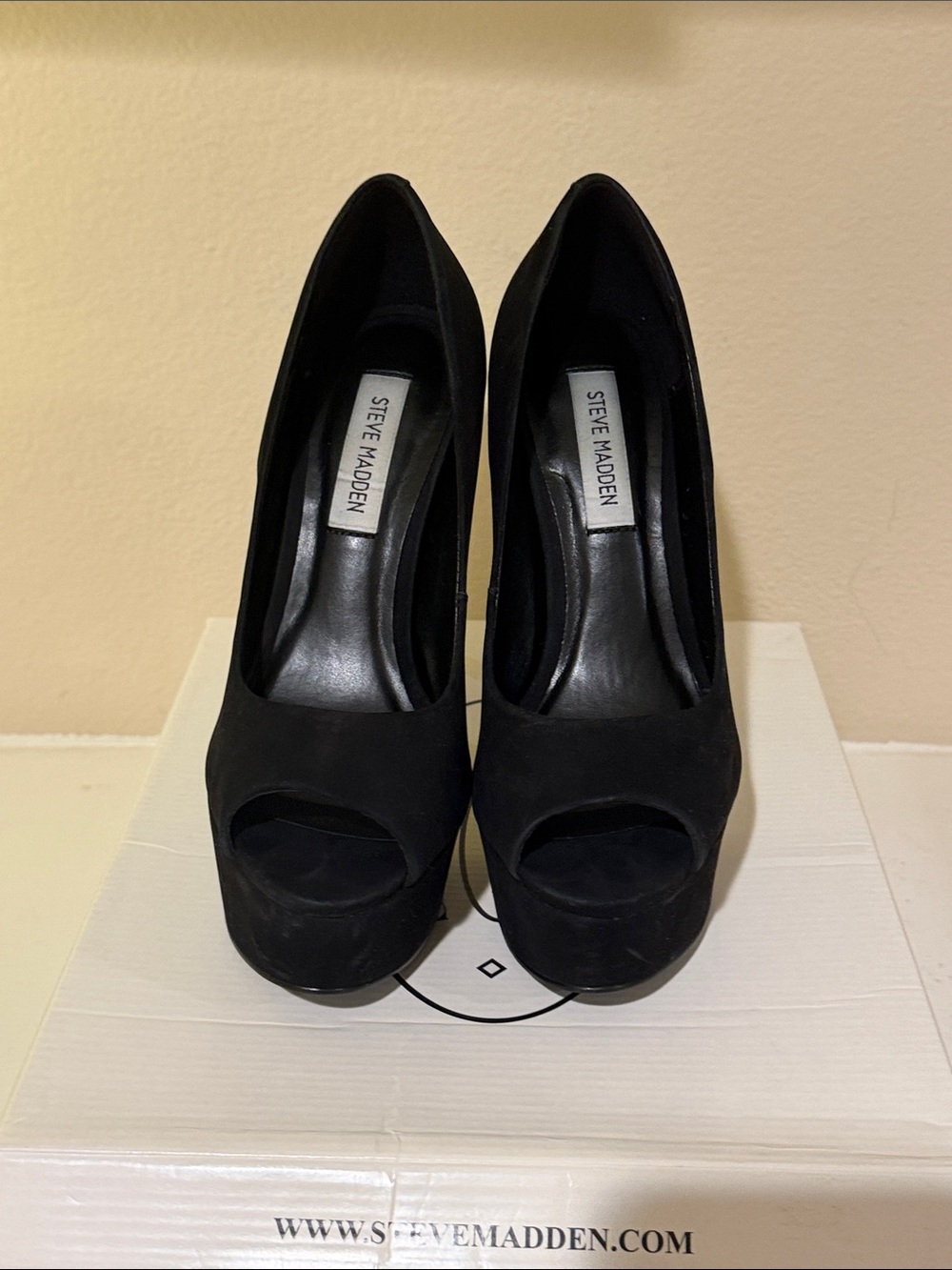 Steve Madden Black Suede Peep-Toe Platform Pumps